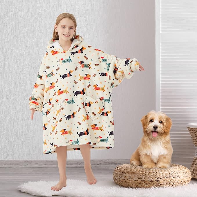 Fiosnow Dachshund Blanket Hoodies for Kids 6-13YR Oversize Wearable Blanket Hoodies for Boys Girls Teens