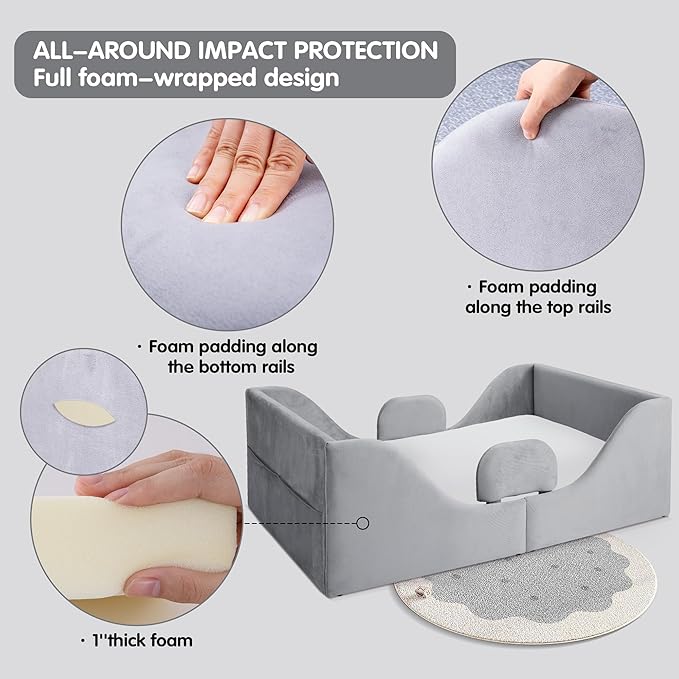 Toddler Floor Bed with Removable Safety Rails, Standard Crib Size Low Profile Toddler Bed Frame for Kids 1-7 Years, Soft Velvet Montessori Bed (Mattress Not Included)