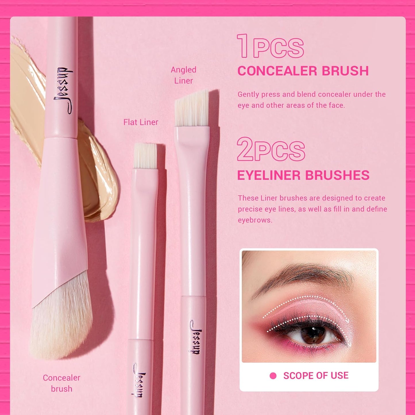 Jessup Eyeshadow Brush Set 10Pcs Pink Eye Makeup Brushes Concealer Brush Premium Synthetic Eye shadow Eyeliner Smudge Crease Blending Brush for Makeup, T496