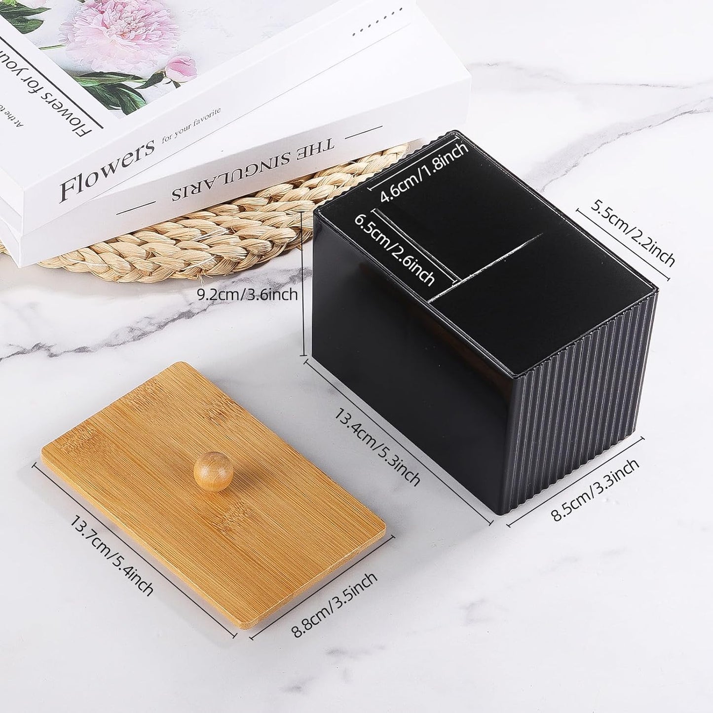 Ohlove Qtip Holder with Bamboo Lids, 3 Compartments Cotton Ball/Swabs Dispenser, Apothecary Jar Plastic Container for Storage and Organizer (Black)