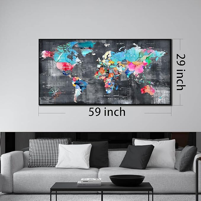 ZHAOSHOP World Map Canvas Wall Art with Frame - Office Artwork Wall Decor - Teal and Gray Wall Art for Living Room Large Size Ready to Hang Size 29" x 59"