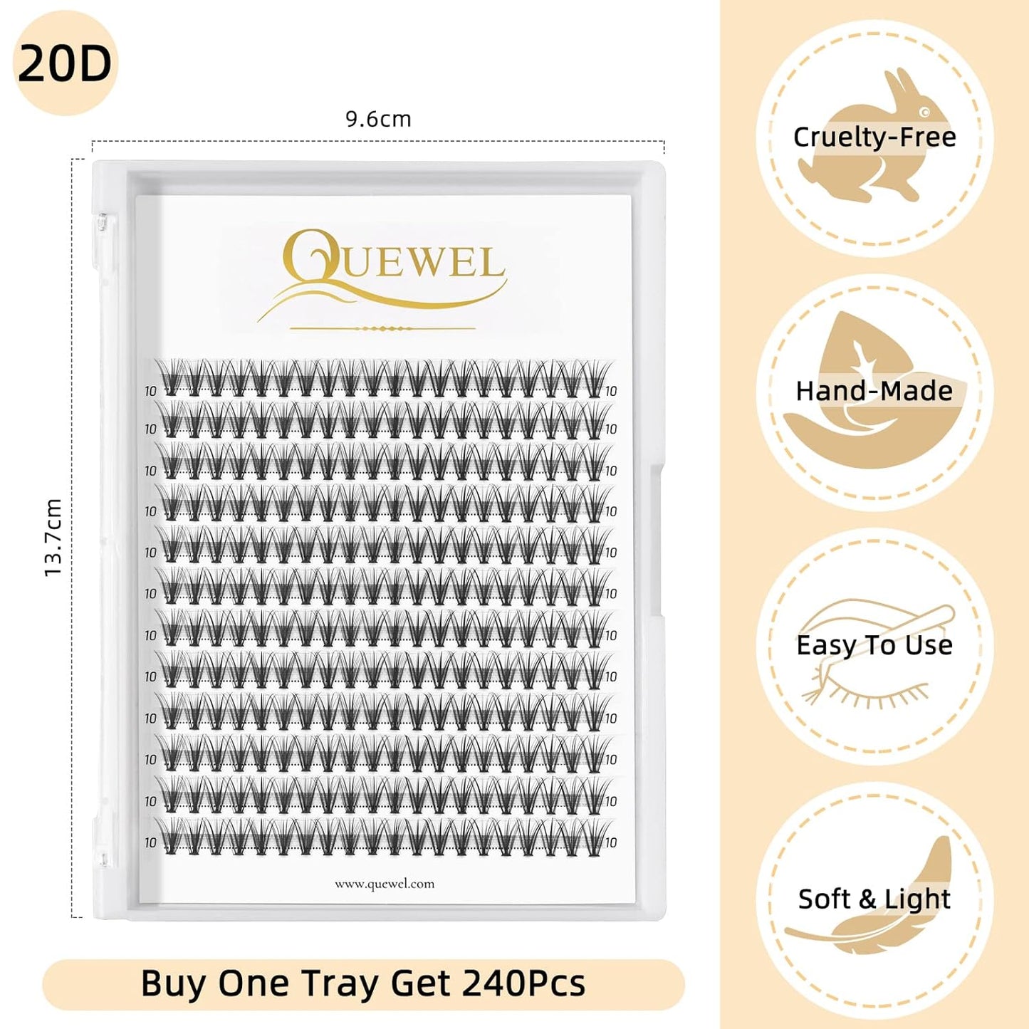 QUEWEL Lash Clusters 240Pcs Cluster Lashes 20D 0.07C Curl 10mm Individual Lashes Soft&Comfortable DIY Eyelash Extension at Home(20D 0.07C 10)
