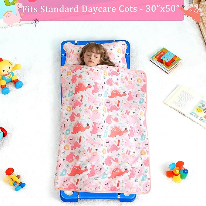 Toddler Nap Mat for Preschool 50''x30'' Sleeping Mat with Removable Pillow and Minky Blanket for Kids Ages 3-7 Roll Up Soft Sleeping Bag for Boys Girls Kindergarten Daycare Sleepover