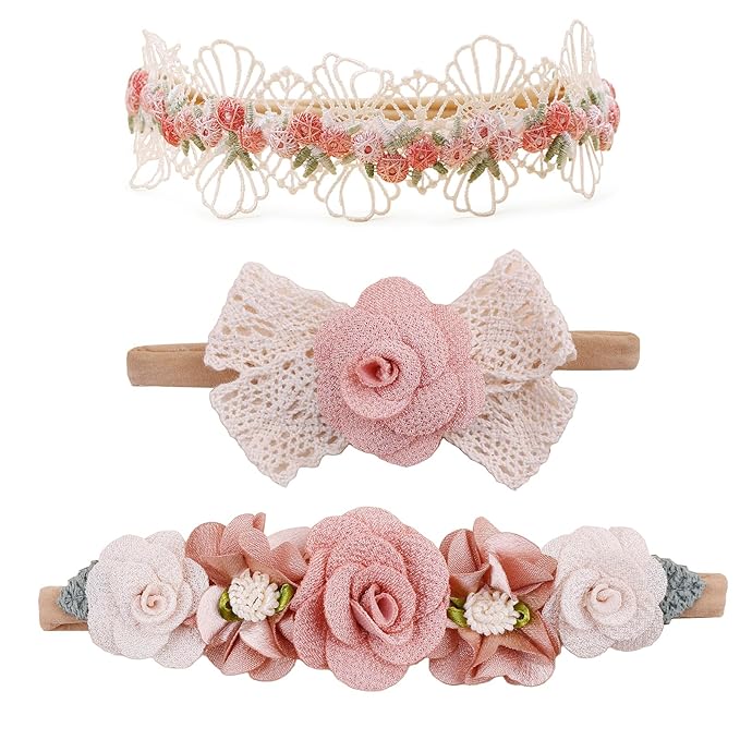 cherrboll 3pcs Baby Girl Headbands Flowers, Super Soft & Stretchy Nylon Floral Hairbands for Newborn Toddler