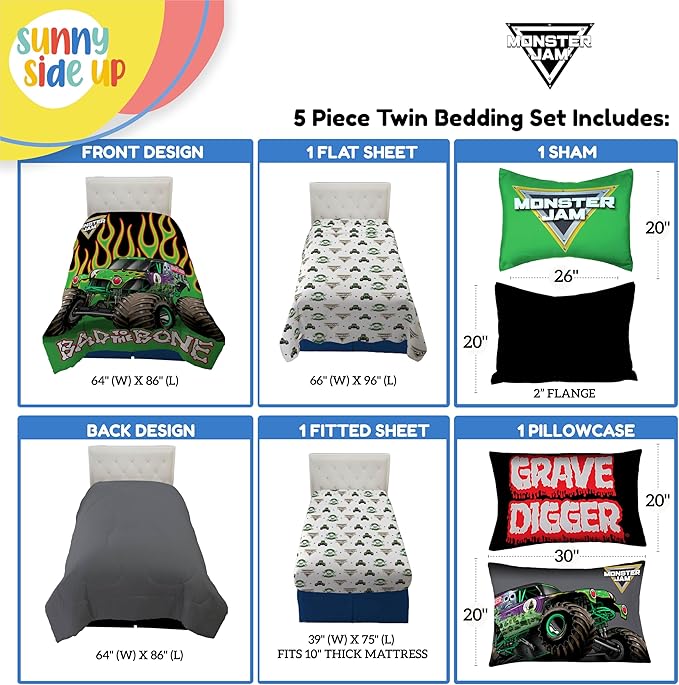Sunny Side Up Monster Jam Twin Comforter Set - 5 Piece Kids Bedding Includes Comforter, Sheets & Pillow Cover - Super Soft Trucks Microfiber Bed Set