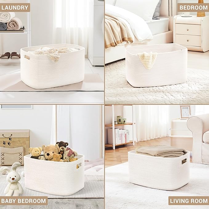 60L Small Baby Girls Laundry Basket for Nursery Storage,Cute Woven cotton Rope Baskets for Kids Toy，Gifts,Boho Square Wicker Blanket hamper for Living Room,Bedroom Dirty Clothes, White