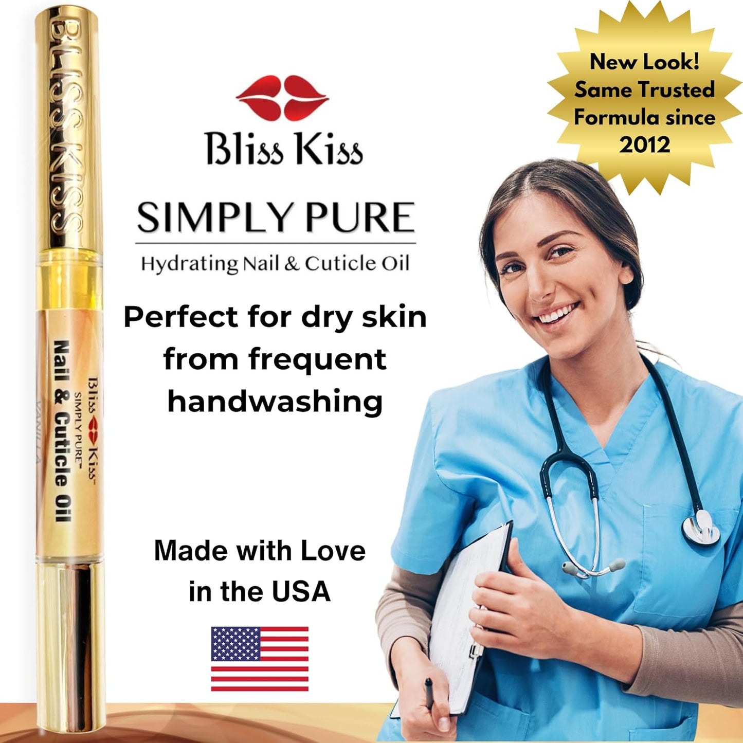 Bliss Kiss | 1 Vanilla Fragrance | Nail Oil Cuticle Pen w/Vitamin E & Jojoba⏤Nail Strengthener Nail Growth Serum for Brittle Peeling Breaking Thin Nails