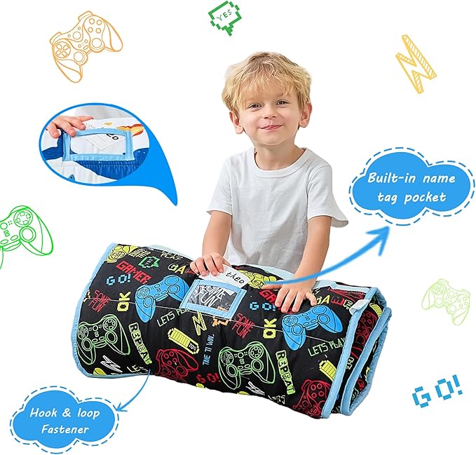 Toddler Nap Mat with Pillow and Blanket, Extra Large Rolled Napping Mats,Slumber Bags for Boys Girls,Kids Sleeping Bag for Daycare, Preschool Travel Camping