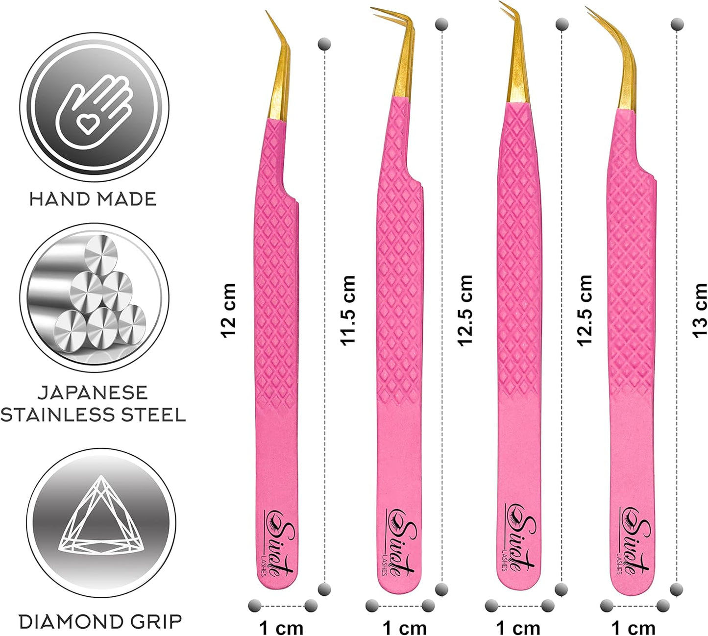 SIVOTE Fiber Tip eyelash tweezers for lash extensions with Diamond Grip, Pink, Set of 4 - Precise Tips Japanese Steel for Classic, Volume & Mega Volume Lashes, Anti-Rust - Ideal for Lash Artists