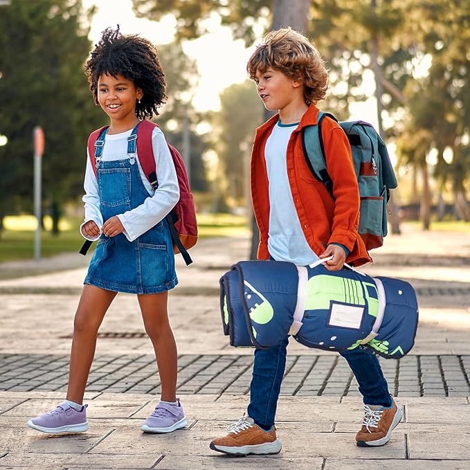 Primlect Thickened Toddler Nap Mat with Removable Pillow and Minky Blanket, Extra Large 55''x35'' Sleeping Bag, Washable, Roll up, Perfect for Daycare, Preschool, Kindergarten, Boys (Excavator)