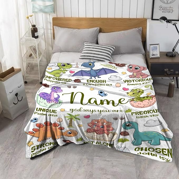 Personalized Dinosaur Blanket,Custom Dinosaur Gifts for Kids Boys,God Says I Am Themed Blanket,Meaningful Thoughtful Religious Baptism Christian Gifts,Bible Verse Quilt with Name, 30"x40"
