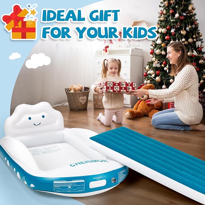 Inflatable Toddler Travel Bed, Portable Kids Air Mattress with 4-Sides Safety Bumpers & Electric Pump, Toddler Blow Up Mattress Bed for Travel Camping Grandma's Sleepovers, Gift for Kids