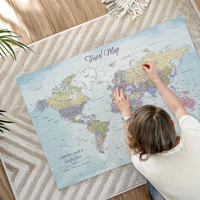 ElephantStock - Push Pin Travel Map World I Wall Art - Horizontal Canvas Wall Art - Living Room Wall Decor - Printmaking Map Canvas Art - Blue And Beige Decor - 45" x 30"