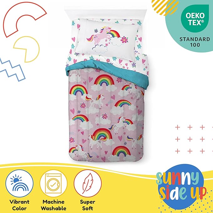Sunny Side Up Rainbow Unicorns Twin Comforter Set - 5 Piece Kids Bedding Includes Comforter, Sheets & Pillow Cover - Super Soft Pink Floral Microfiber Bed Set