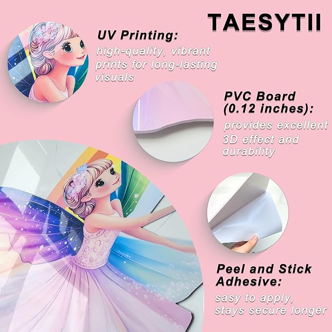 3D Fairy Wall Stickers for Girls Room Decor Wall Decals Peel and Stick for Girls Bedroom Large Pink Princess Pictures Kids Murals Wallpaper Art Inspirational Decor for Nursery Toddler