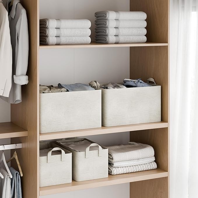 StorageWorks Storage Bins, Shelves Baskets for Organizing, Fabric Closet Organizers with Handles, Metal Frame, Beige（Cotton-linen）, 2-Pack
