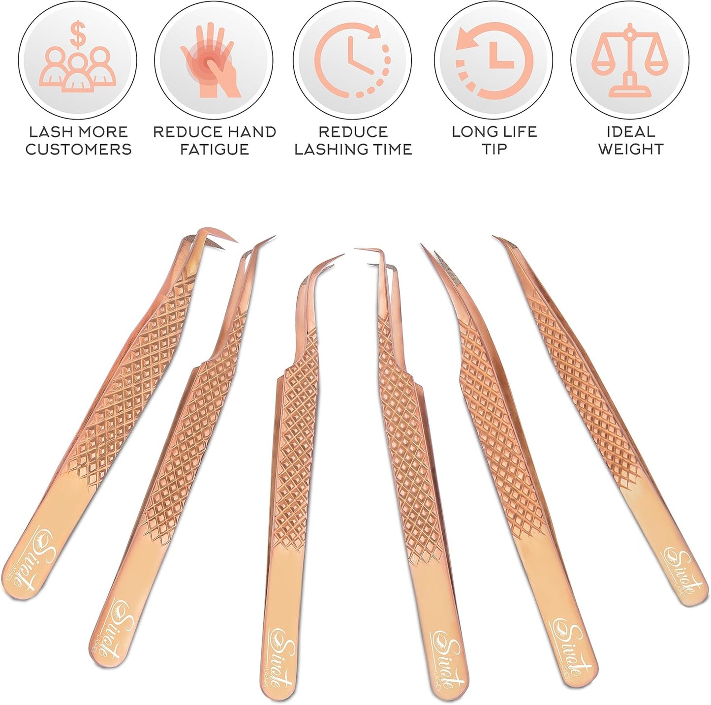 SIVOTE Eyelash Extension Tweezers Fiber Tips, Set of 6, Curved, Dolphin, 90 Degree 45 Degree, Volume Boot & Slight Curved Tweezer, Rose Gold