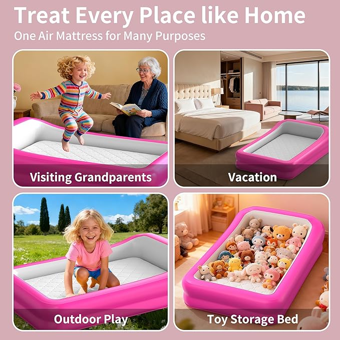 CAMPLAND Inflatable Toddler Travel Bed, Portable Kids Air Mattress with Soft Bed Sheet, Toddler Air Mattress with Surround Safety Bumpers, ldeal for Home Use or Travel, Includes Pump and Carry Bag
