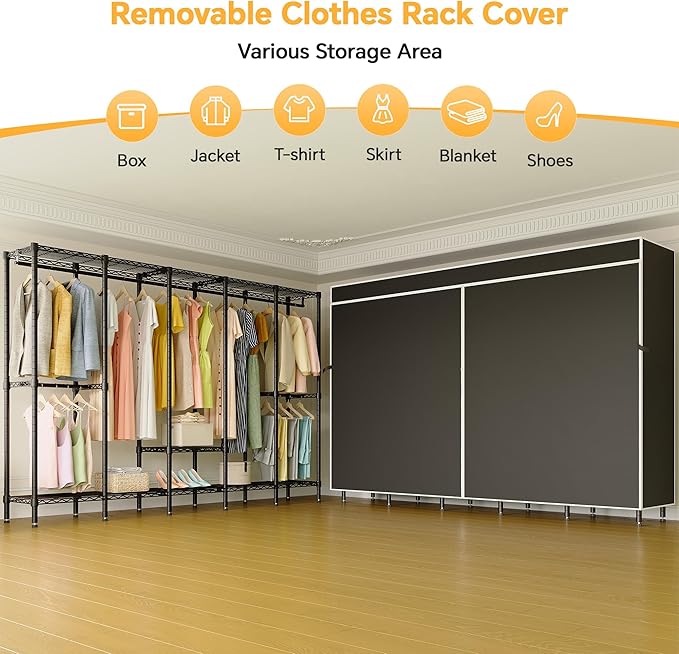 94.5"W Heavy Duty Clothing Rack with Cover, H5C Garment Rack with Adjustable Shelves Freestanding Wardrobe Closet with Hanging Rods Portable Closet, Black Rack with Black Cover, Load 1400 lbs