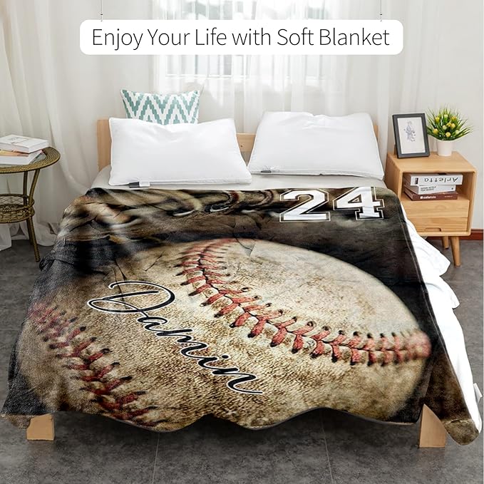 Personalized Baseball Blanket for Baby Boys and Girls - Soft and Fluffy Sport Blanket for Toddlers and Kids - Custom Name and Number Gift for Newborn(50"x60")