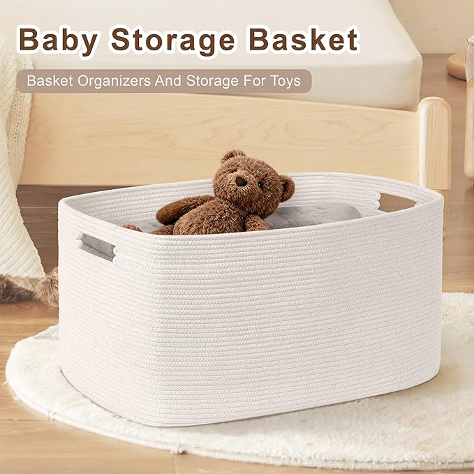 86L Large Baby Girls Laundry Basket for Nursery Storage,Cute Woven cotton Rope Baskets for Kids Toy，Gifts, Boho Square Wicker Blanket hamper for Living Room,Bedroom Dirty Clothes, White