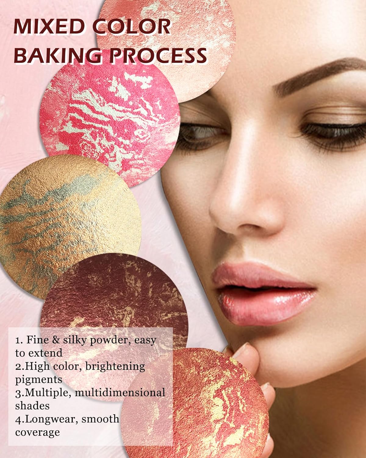 Baked Powder Blush, Glow Marbleized Blusher Powder Palette,Lightweight Shimmery Cruelty-Free face Blush for Cheeks,Eyeshadow & Highlight,Makeup Gift for Women rubores de maquillaje(0.49Ounce)-04