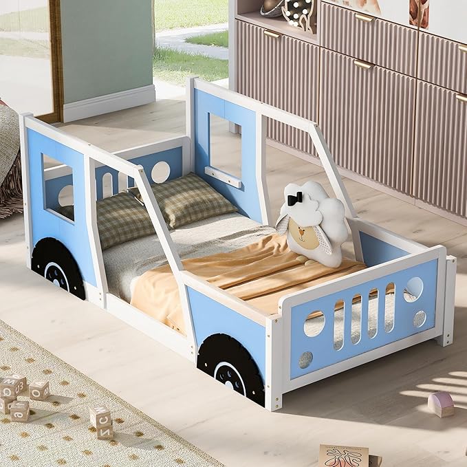 Merax Twin Size Classic Car-Shaped Platform Bed with Wheels, Wood Car Bed Frame for Boys, Blue