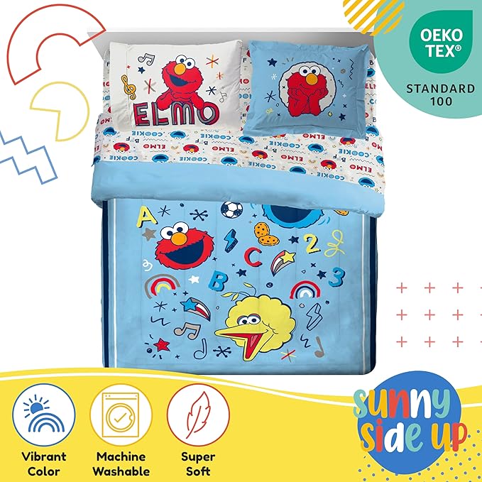 Sesame Street Full Comforter Set – 7 Piece Kids Bedding Includes Comforter, Sheets & Pillow Cover – Super Soft Microfiber Bed Set with Elmo, Cookie Monster and Big Bird