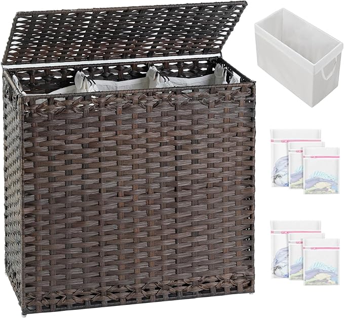 Laundry Hamper with Lid Laundry Basket 132 L (35 Gal) Wicker Clothes Hamper, Handwoven Rattan Hamper with Handles and 4 Removable Liner Bags, 6 Mesh Bags for Laundry Bedroom Brown