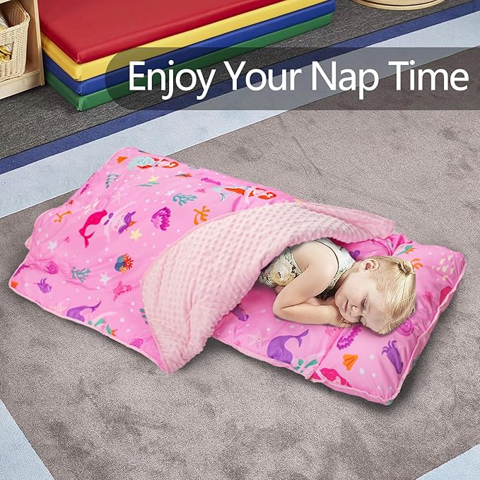 Primlect Toddler Nap Mat Extra Large Thickened 55''x35'', Soft Sleeping Bag with Detachable Minky Blanket and Pillow, Portable for Daycare, Preschool, Kindergarten, Travel, Boys and Girls
