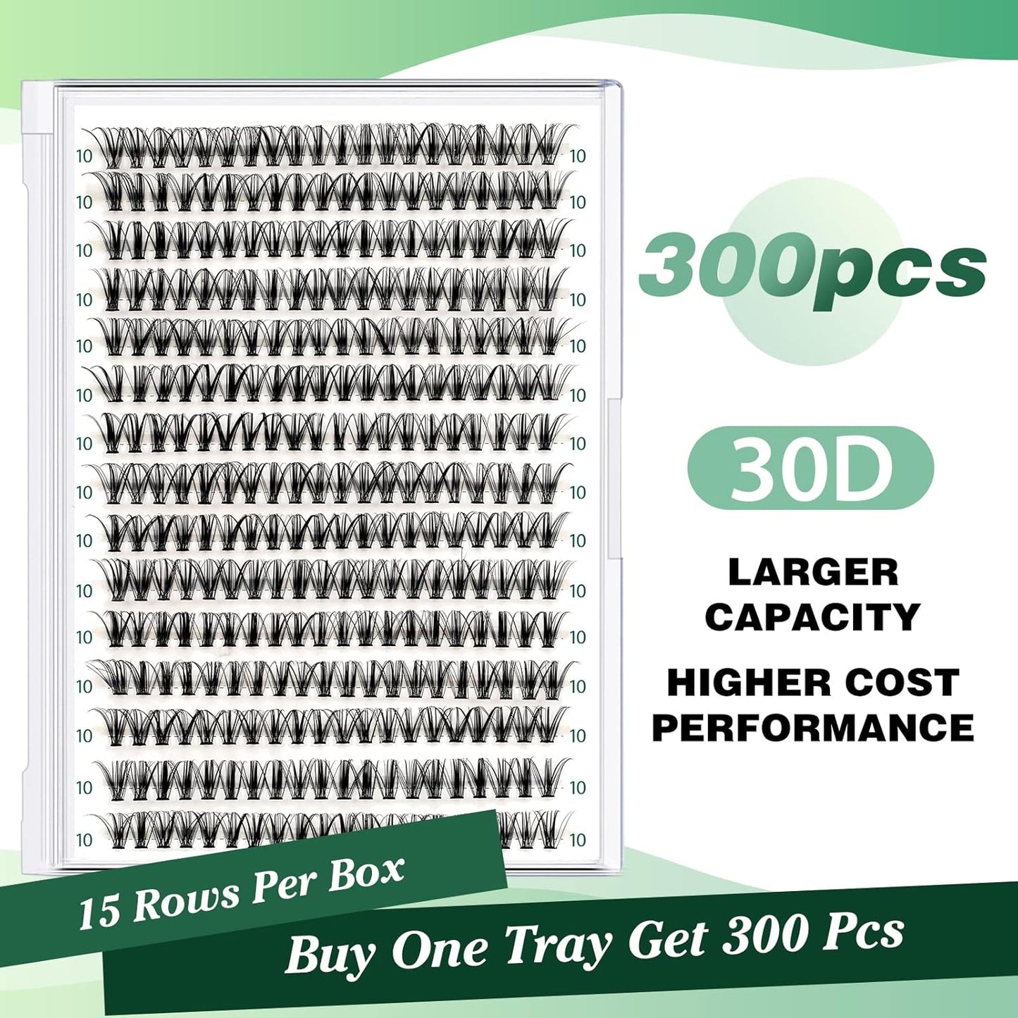 Lash Clusters 300pcs Individual Lashes 30D 0.07D Curl 10mm DIY Eyelash Extension KEYYOU Large Tray Volume Soft&Natural Cluster Lashes(30D-0.07D,10）