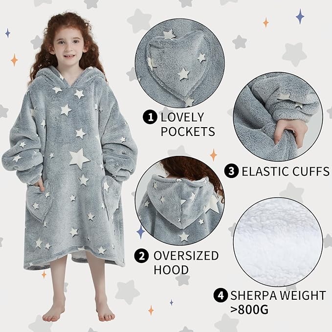 Fiosnow Glow in the Dark Star Blanket Hoodies for Kids 6-13YR Oversize Wearable Blanket Hoodies for Boys Girls Teens