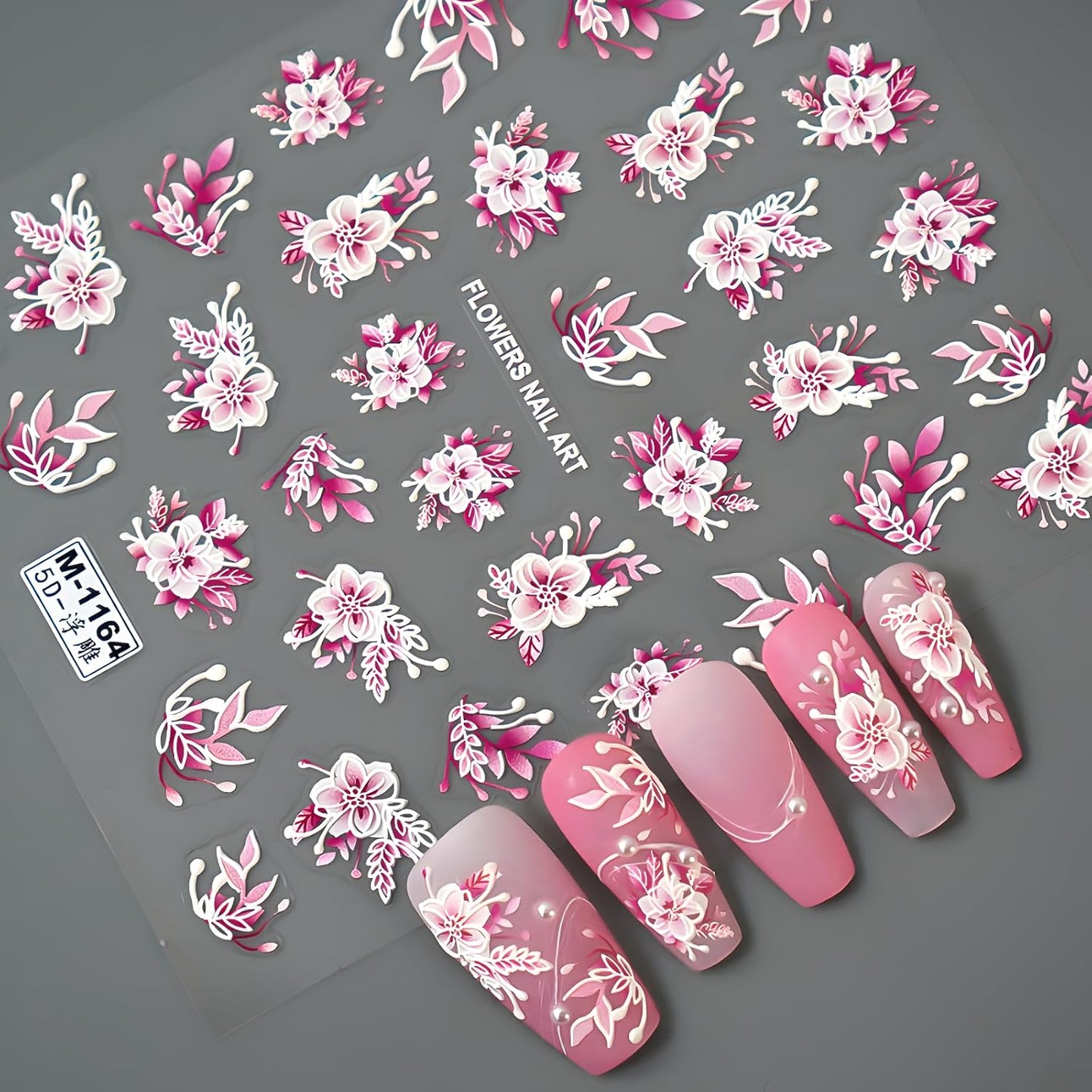 Pink Flowers Nail Art Stickers 5D Embossed Self Adhesive Nail Decals Spring Summer Nail Stickers for Nail Art Flower Nail Design Decoration Accessories for Women and Girls