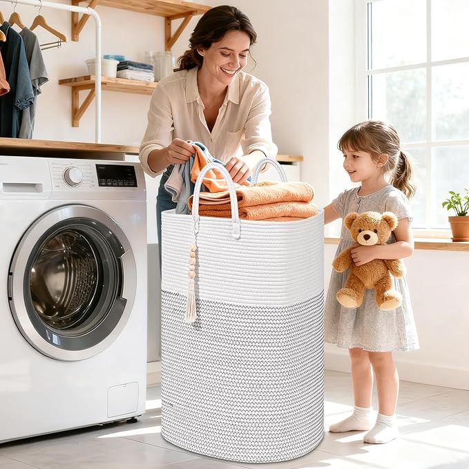 Woven Laundry Basket for Clothes, 100 L Large Rectangle Laundry Hampers with Beads Tassel, Nursery Storage Basket for Toys, Tall Dirty Clothes Hamper for Bedroom Aesthetic, Laundry Room Organization