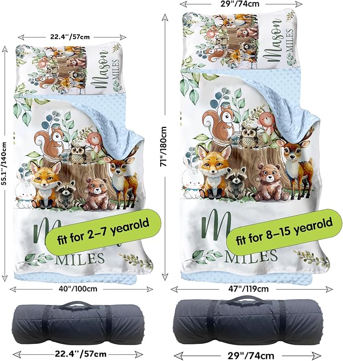 Personalized Toddler Nap Mats for Preschool, Custom Name Kids Sleeping Bag for Daycare, Roll Up Sleeping Mat with Removable Pillow and Soft Dot Minky Blanke for Boys Camping Travel