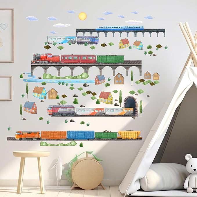 Train Wall Decals for Kids by Lipastick - Educational Railroad Wall Stickers for Boys and Girls - Peel and Stick Locomotive, Carriage, Wagon Wall Decals for Nursery, Playroom, Bedroom Decor -L Size