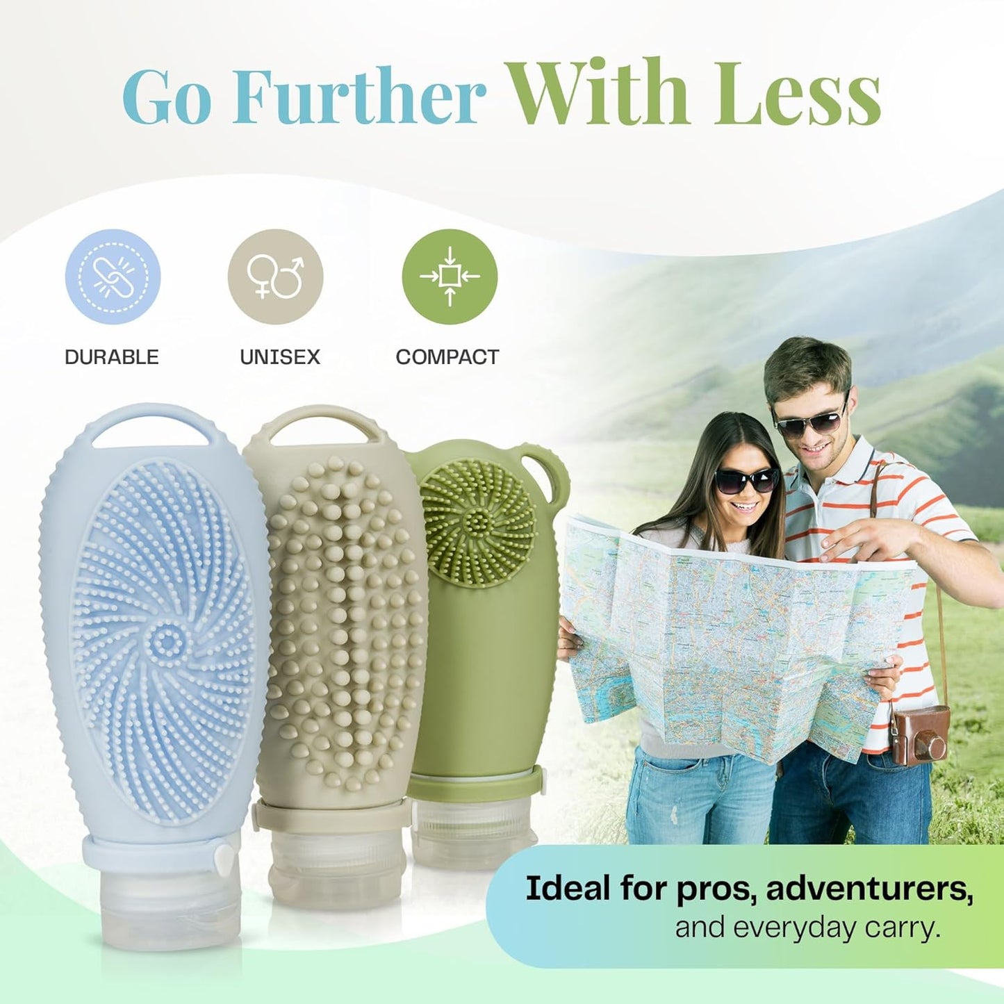 Sumina Silicone Travel Bottles 3 Pack (3.4oz) – TSA-Approved Leak-Proof Toiletry Containers with 2-in-1 Built-In Exfoliating Scrubber – Refillable for Travel, Gym & Skincare