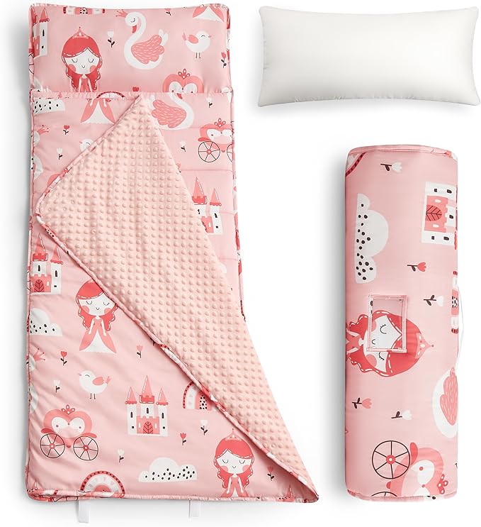 Toddler Nap Mat with Removable Pillow & Minky Blanket Sleeping Bag for Kids Handle & Fastening Nap Mats for Preschool Daycare Kindergarten Kids Sleeping Bag (Ages 2-7 Years) Blue Dinosaur