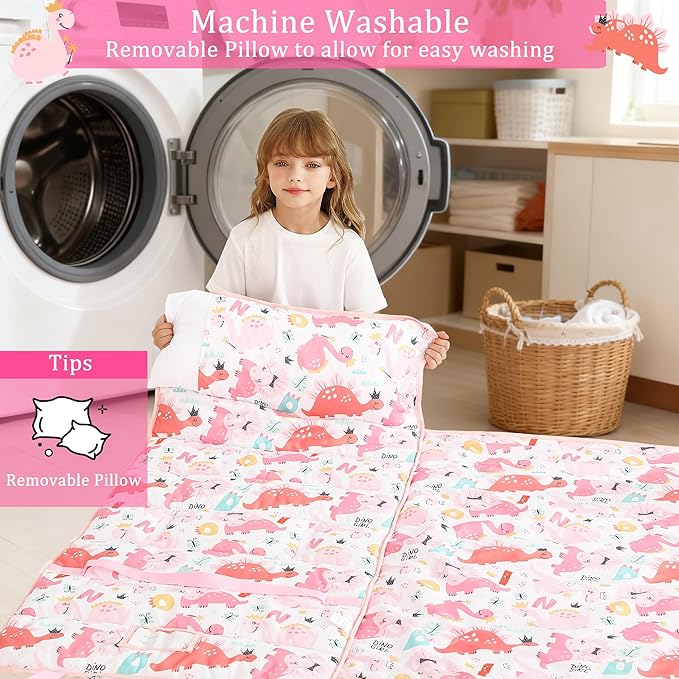 Toddler Nap Mat for Preschool 50''x30'' Sleeping Mat with Removable Pillow and Minky Blanket for Kids Ages 3-7 Roll Up Soft Sleeping Bag for Boys Girls Kindergarten Daycare Sleepover