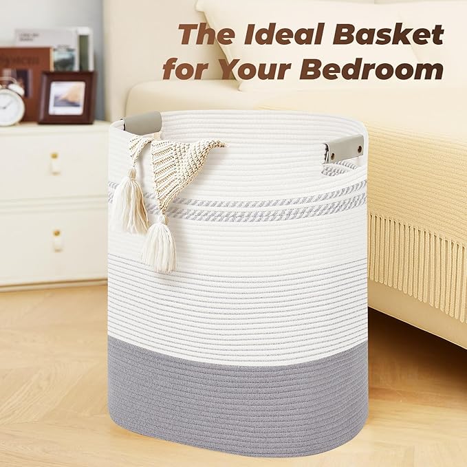 Laundry Basket with Handles - Blanket Basket & Hampers for Bedroom Aesthetic, Laundry Hamper & Blanket Storage for Living Room, Clothes Hamper, Tall, Large 17" x 14" x 22”, Grey