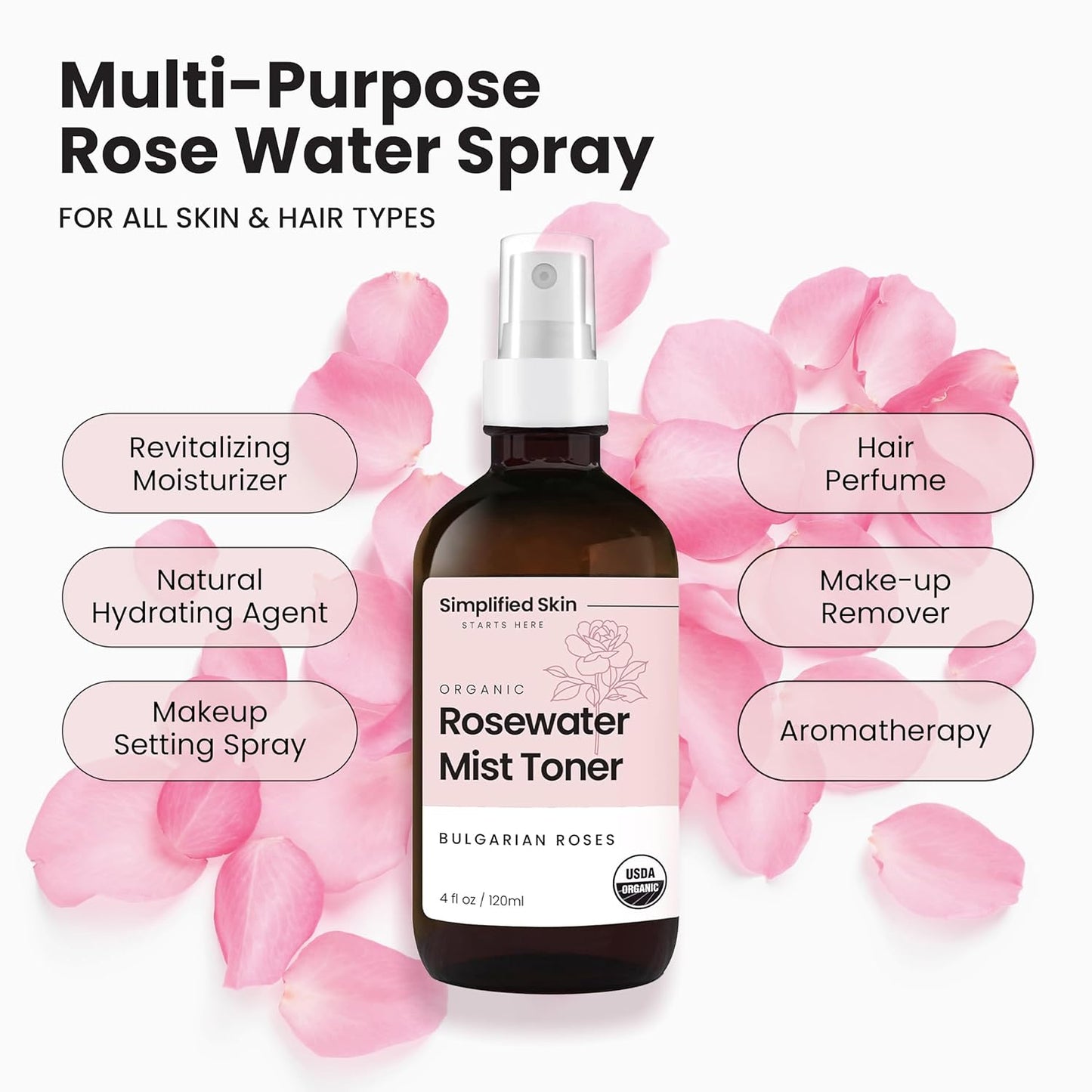 Rose Water Spray for Face & Hair (Refill) - Organic USDA Certified Rosewater Facial Toner - Alcohol-Free Makeup Setting Hydrating Face Mist - Anti-Aging Toner Spray - 8 Fl Oz
