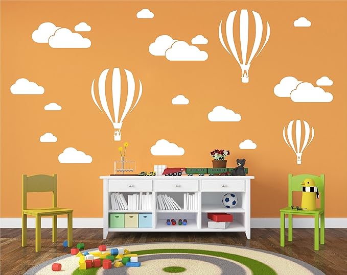 White Clouds & Hot Air Balloons Nursery Kids Childs Room Vinyl Wall Art Sticker Baby Wall Decals Removable Waterproof Wallpaper D952 (White)