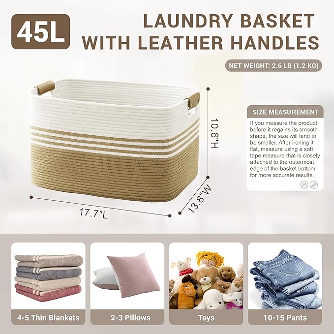 45L Small Laundry Basket with Leather Handles for Living Room Storage, Woven Rope Baskets Bin for Blanket, Kids Toy, Gifts, Wicker Hamper for Bedroom Dirty Clothes, 18"x14"x11" Khaki