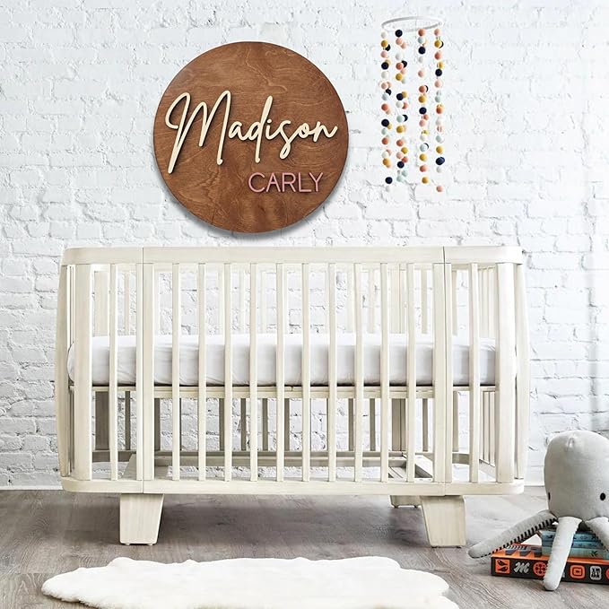 Custom Round Nusery Name Sign, Personalized 3D Baby Name Announcement Sign, Personalized Wooden Wall Plaque, 3D Wall Art for Children & Kids Rooms, Family Name Signs, 30 Colors (Design 6)