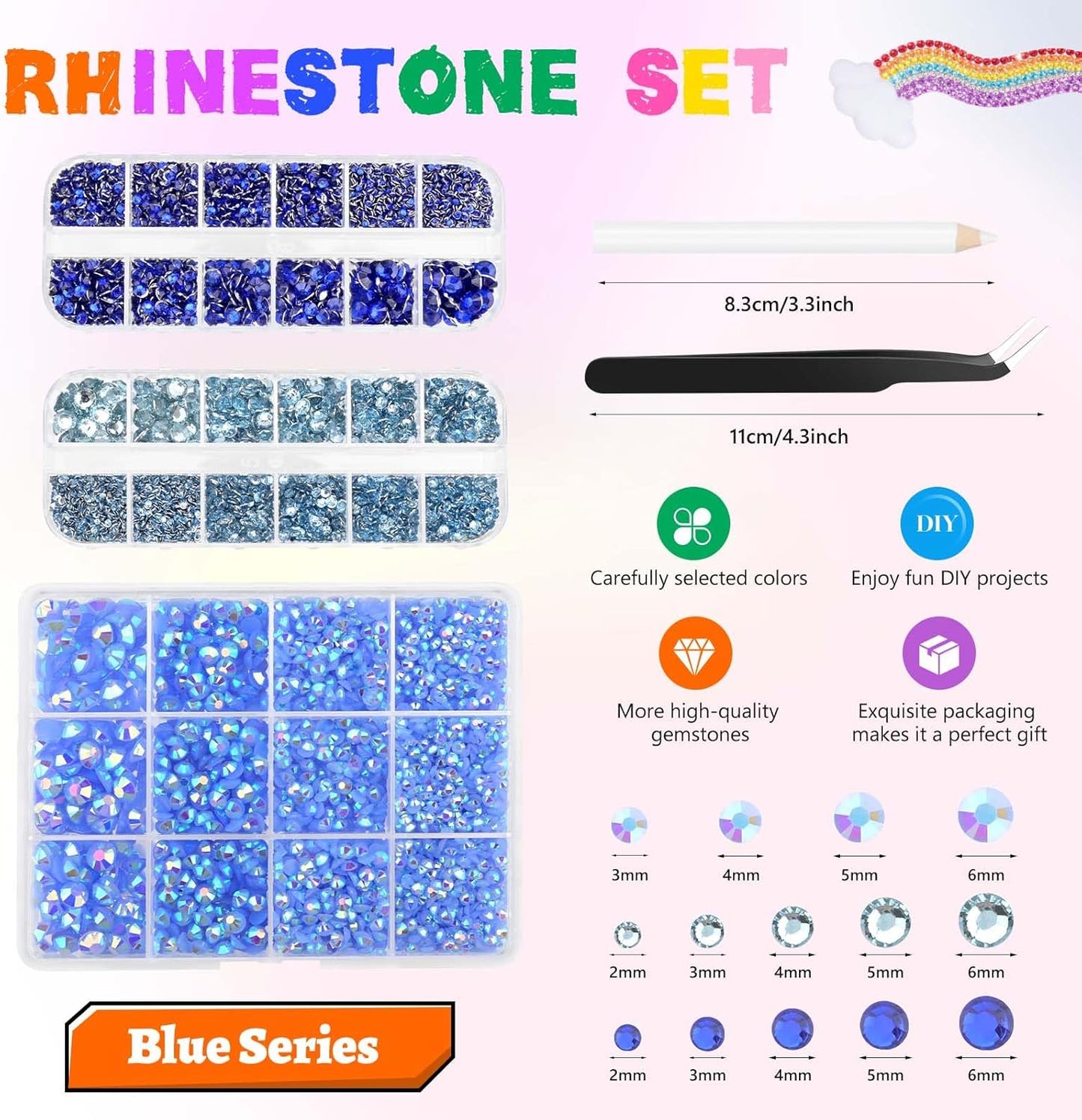 Morcheiong 17000Pcs Resin Rhinestones Blue Flatback Crystals Diamond Includes Tweezers and Pickup Pen Suitable for Crafting DIY Nail Art Makeup Wedding Dress Clothing Mug