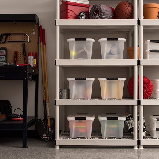 IRIS USA 19 Qt Stackable Plastic Storage Bins with Lids, 6 Pack - BPA-Free, Made in USA - Discreet Organizing Solution, Latches, Durable Nestable Containers, Secure Pull Handle - Pearl