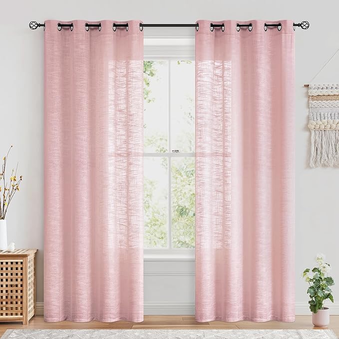 FMFUNCTEX Linen Semi Sheer Curtains for Bedroom, Blush Pink Curtains 72 Inch Length for Living Room, Country Farmhouse Sheer Drapes, Light Filtering Window Curtain, Grommet Top 2 Panels