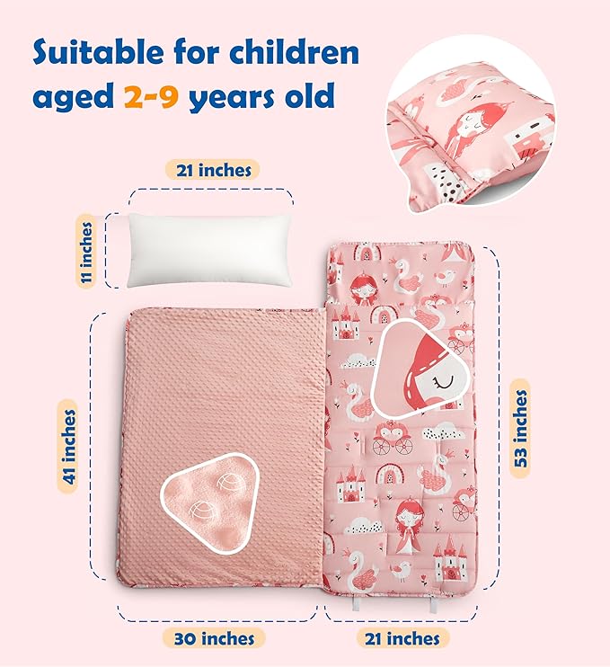 Toddler Nap Mat with Removable Pillow & Minky Blanket Sleeping Bag for Kids Handle & Fastening Nap Mats for Preschool Daycare Kindergarten Kids Sleeping Bag (Ages 2-7 Years) Blue Dinosaur