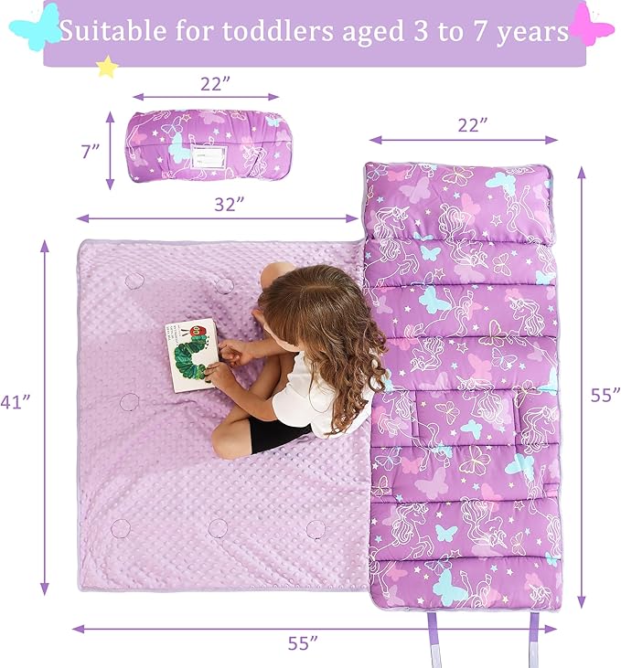 Toddler Nap Mat for Preschool 50''x30'' Sleeping Mat with Removable Pillow and Minky Blanket for Kids Ages 3-7 Roll Up Soft Sleeping Bag for Boys Girls Kindergarten Daycare Sleepover