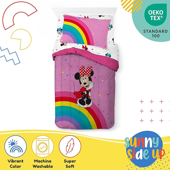 Sunny Side Up Disney Minnie Mouse Twin Comforter Set â€“ 5 Piece Kids Bedding Includes Comforter, Sheets & Pillow Cover â€“ Super Soft Rainbow Dots Microfiber Bed Set